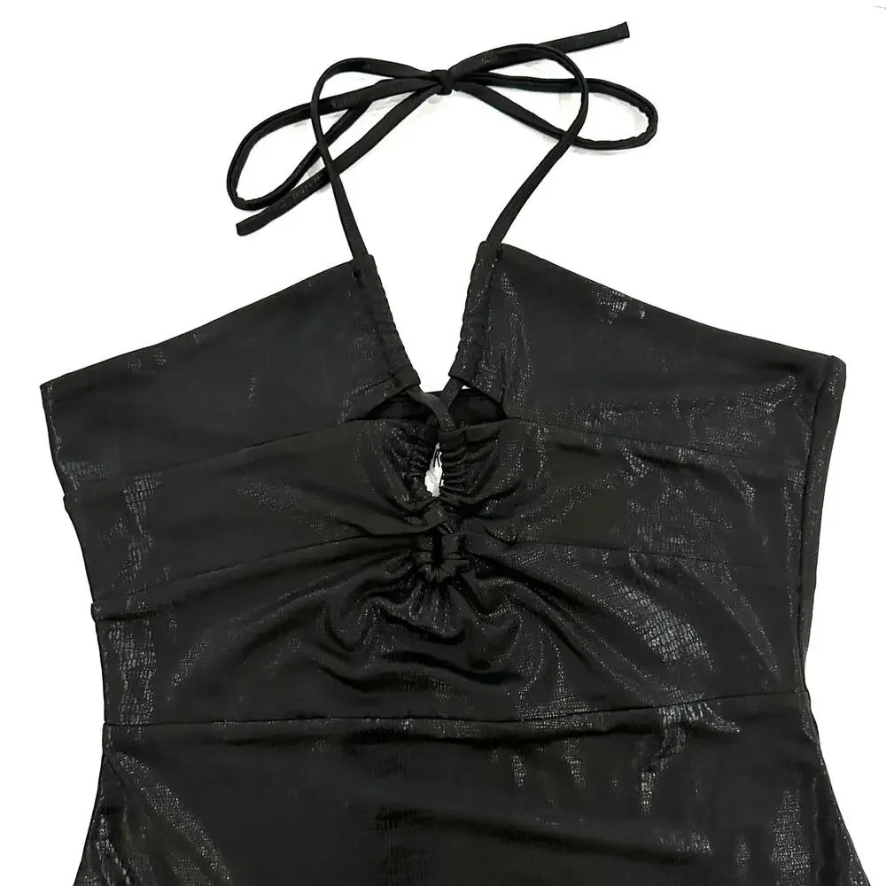 Princess Polly Black Shine Snake Texture Halter Bodycon Mini Dress Size 4